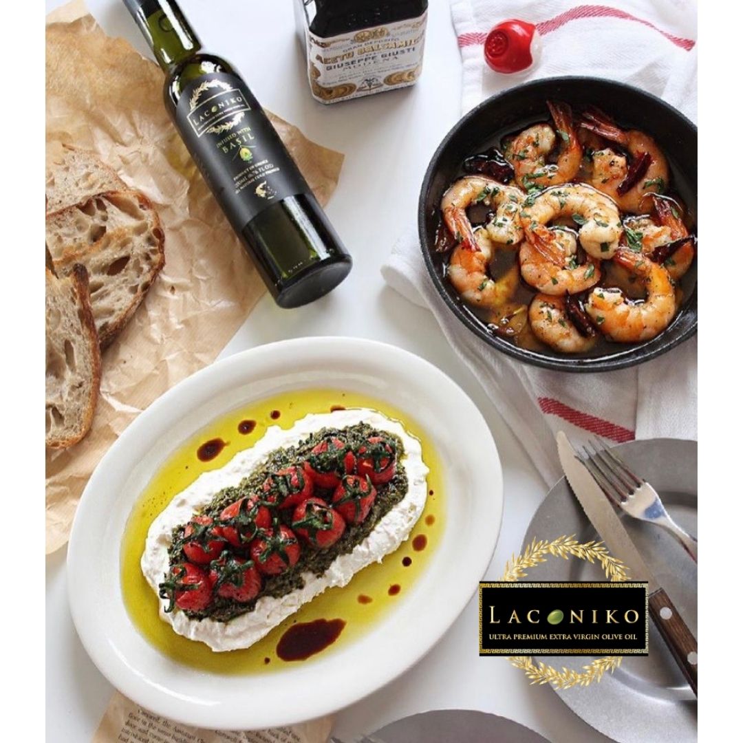 Sauteed Shrimp in Laconiko Basil EVOO