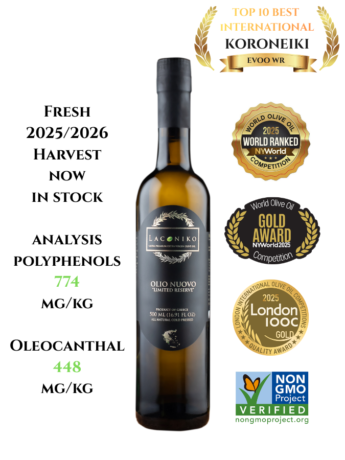 Laconiko Olio Nuovo (1st Certified high phenolic EVOO in North America)